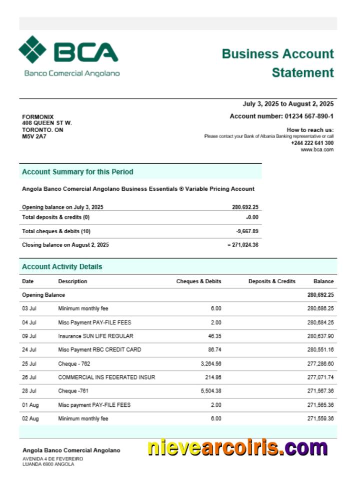 Banco Comercial Angolanno company checking account statement
